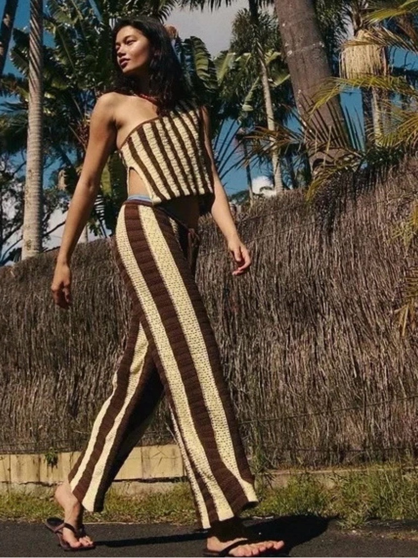 Striped Brown & Cream Knit Wide-Leg Pants - Women